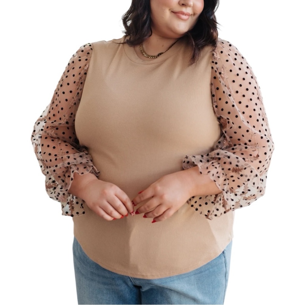 Polagram Camel Ribbed Top Long Embroidered Polka Dot Sleeves size 2X NWT
